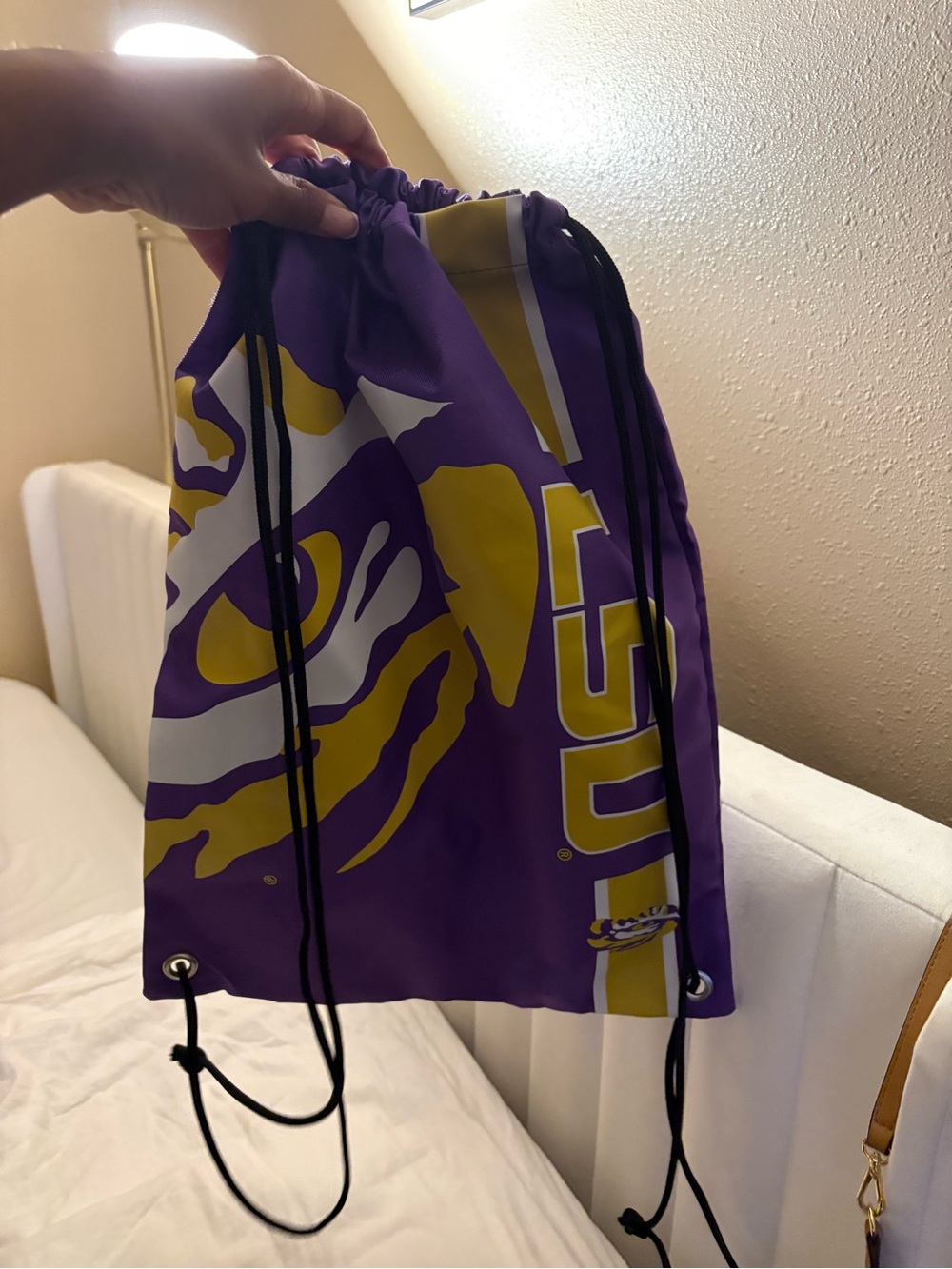 Purple and Gold Graphic Drawstring Backpack